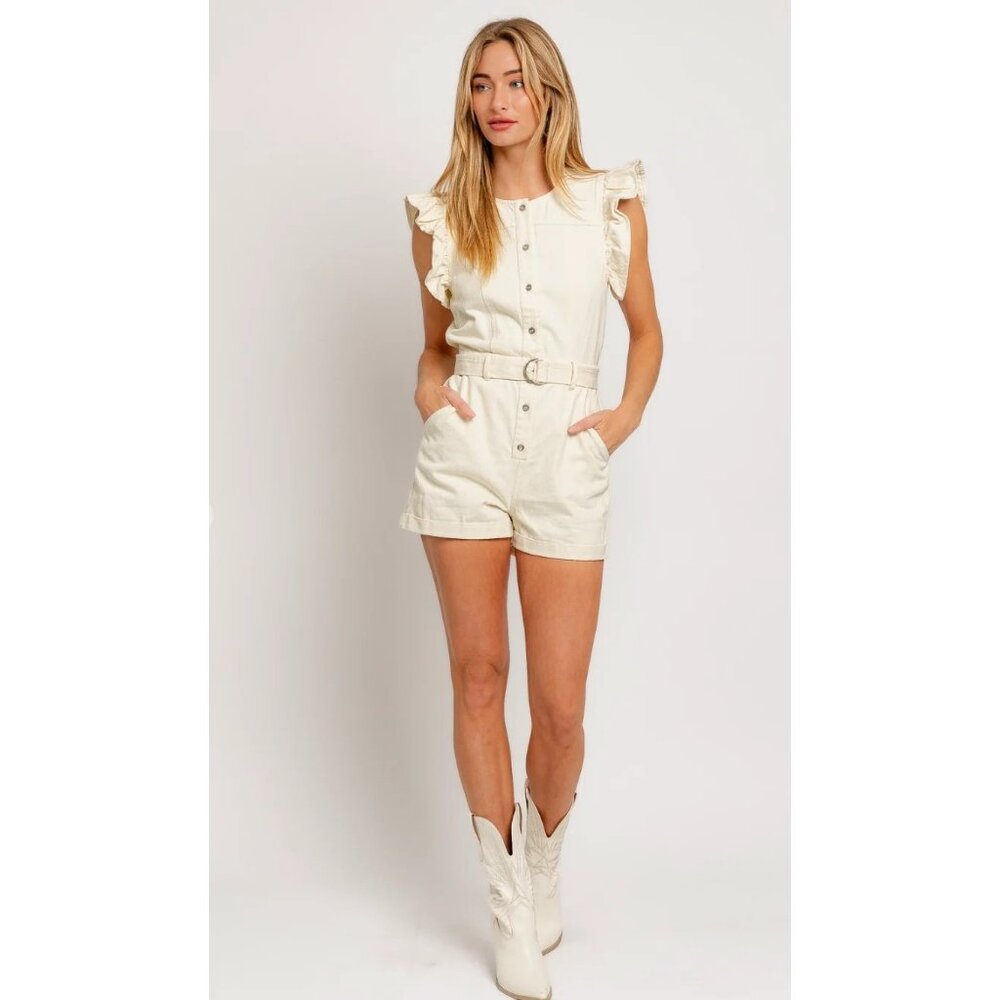 LE LIS Ruffle Buttons Denim Romper In Cream Size Large‎ - Picture 4 of 9